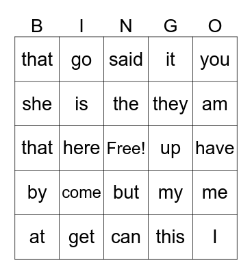Sight Words Bingo Card