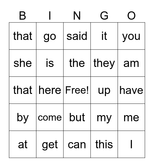 Sight Words Bingo Card