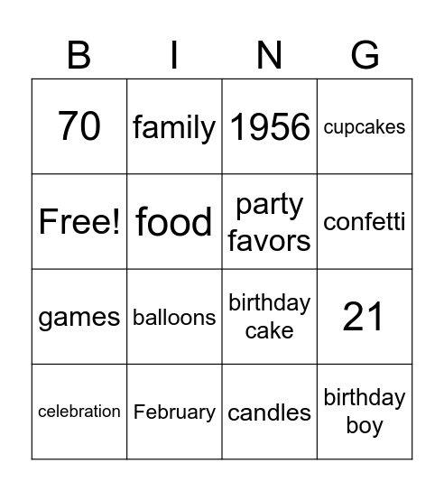 Fred's 70th Birthday Bingo Card