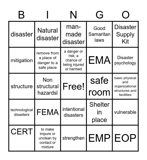 CERT Vocabulary Bingo Card