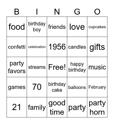 Fred's 70th Birthday Bingo Card