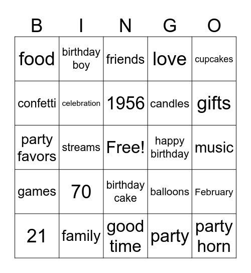 Fred's 70th Birthday Bingo Card