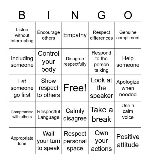 Social Skils Bingo Card