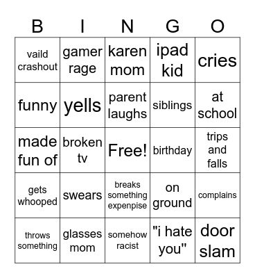kids crashout bingo Card