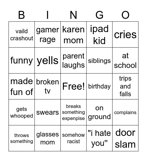 kids crashout bingo Card