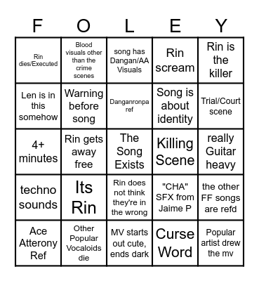FLAVOR FOLEY SONG Bingo Card