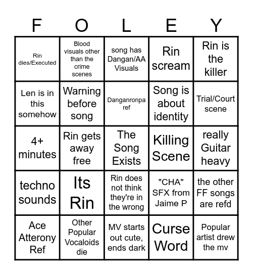 FLAVOR FOLEY SONG Bingo Card