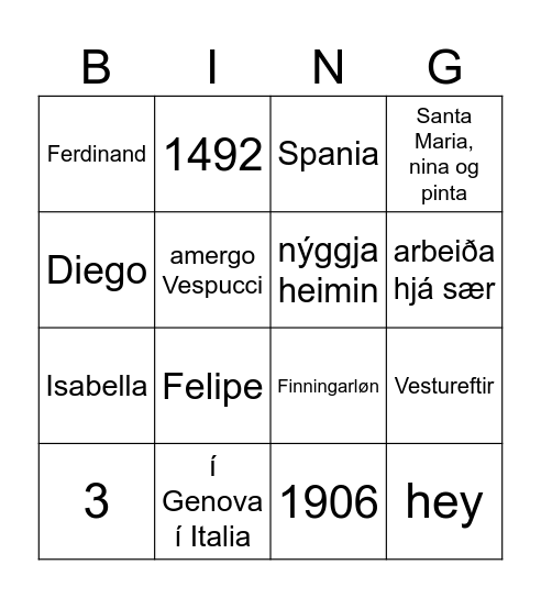 Kristoffur Kolumbus Bingo Card