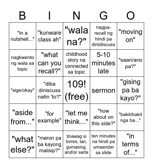 TUES/THURS BINGO Card