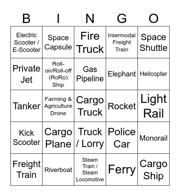 Transportation Bingo Card