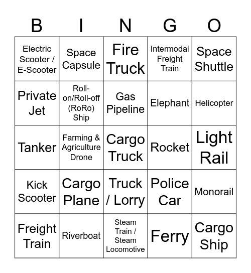 Transportation Bingo Card