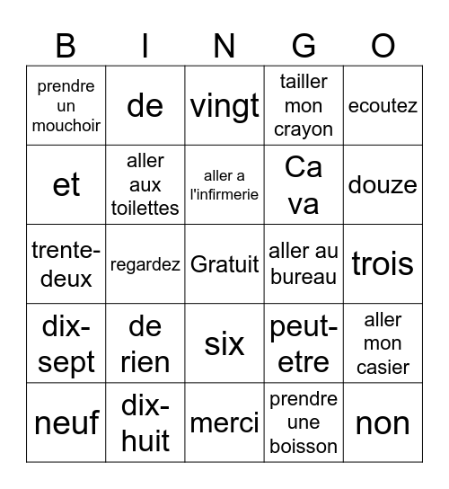 French bingo cards Bingo Card