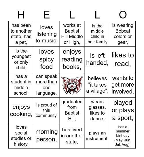 Baptist Hill Middle and High School Bingo Card