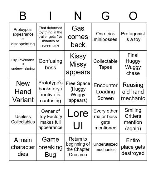 Poppy Playtime Chapter 5 Bingo Card