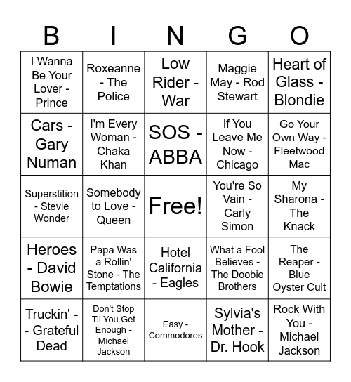 1970's Bingo Card