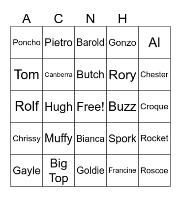 Animal Crossing Villager Bingo Card