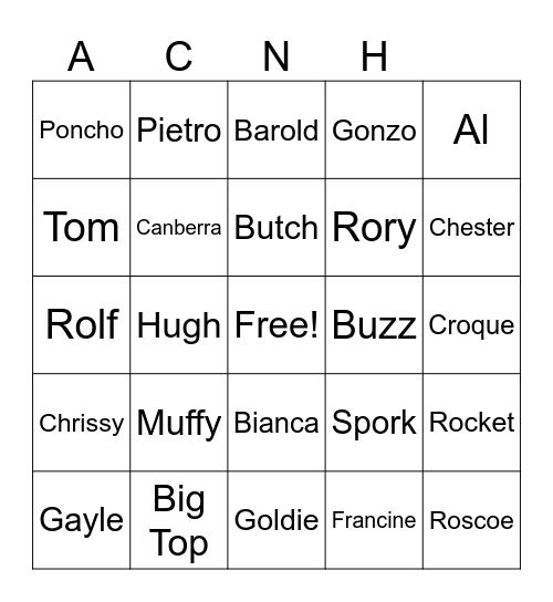 Animal Crossing Villager Bingo Card