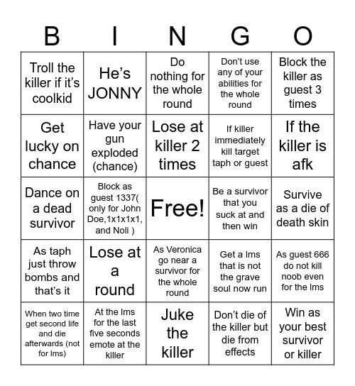 Forsaken Bingo Card