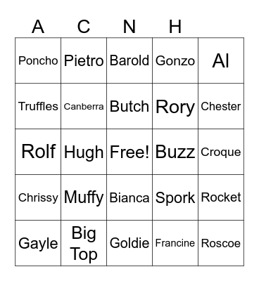 Animal Crossing Villager Bingo Card