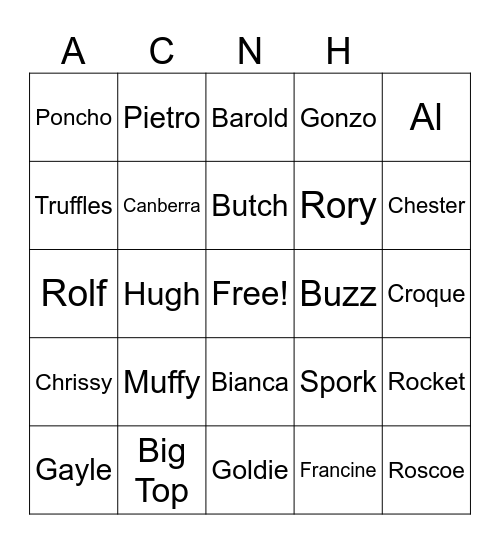 Animal Crossing Villager Bingo Card
