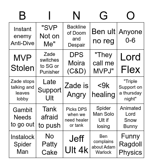 Rivals Bingo Card