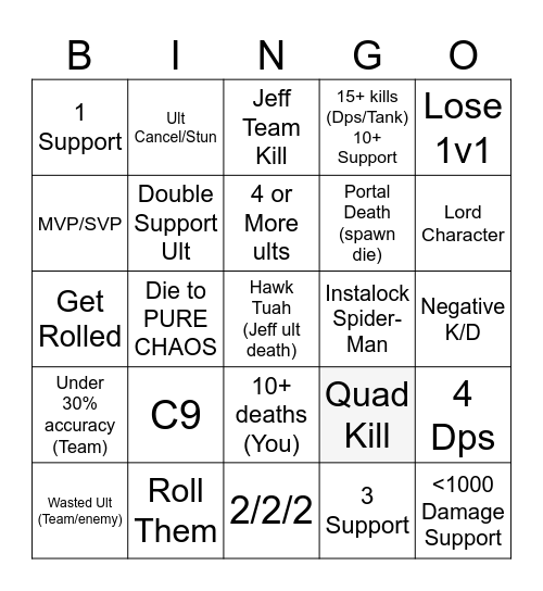 Marvel Rivals Bingo Card