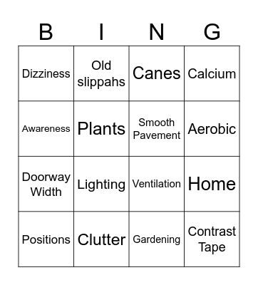 Fall Prevention Workshop Bingo Card