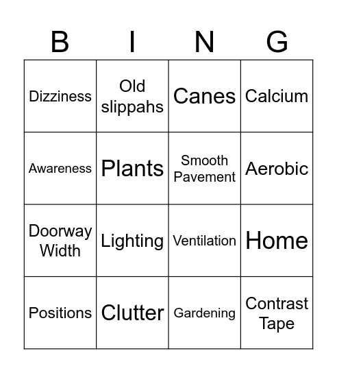 Fall Prevention Workshop Bingo Card