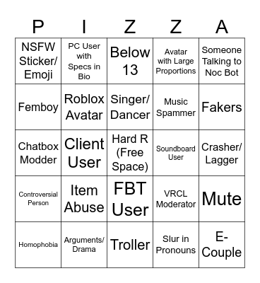 Pizza Moderation Bingo Card