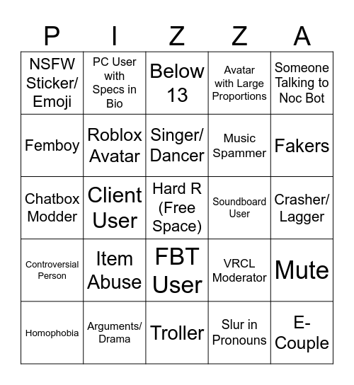 Pizza Moderation Bingo Card