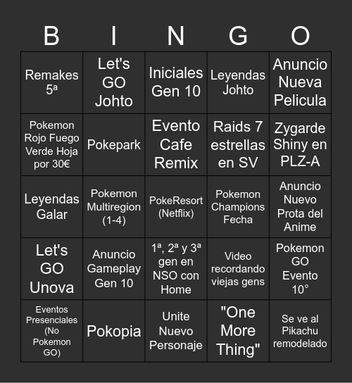 Pokémon Day Bingo Card