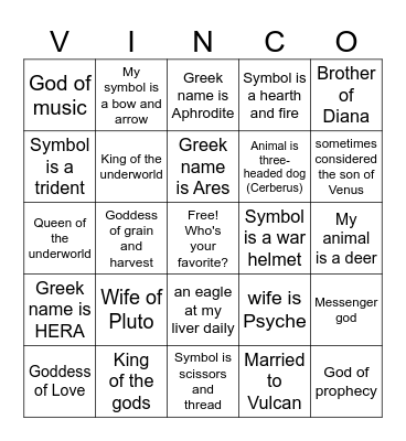 Mythology Museum Bingo Card