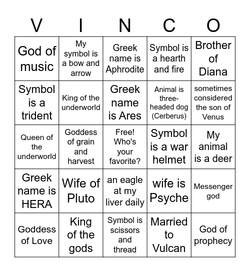 Mythology Museum Bingo Card