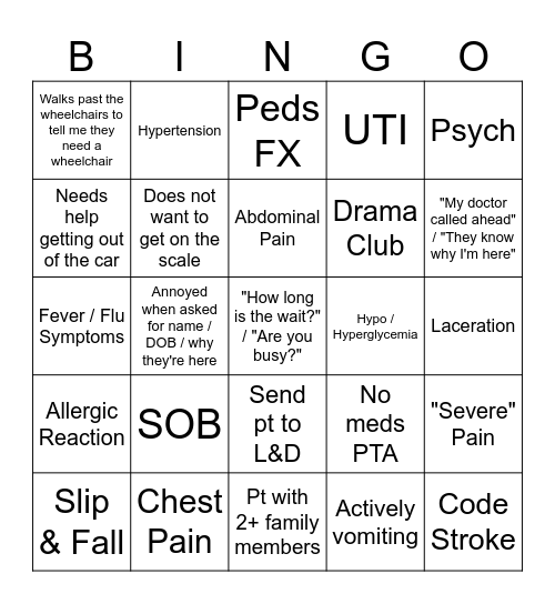 Triage Bingo Card