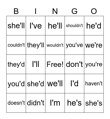 Phonics First Contractions Bingo Card