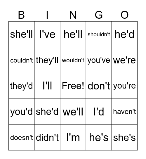 Phonics First Contractions Bingo Card