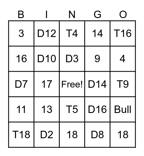 Darts Bingo Card