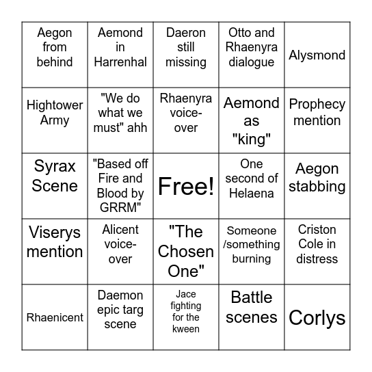 HOTD S3 TEASER TRAILER Bingo Card