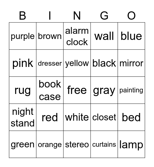 Bedroom & Colors Bingo Card