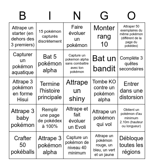 Pokemon Legends Arceus Bingo Card