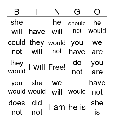 Phonics First Contractions Bingo Card