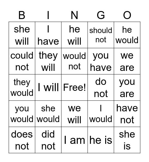 Phonics First Contractions Bingo Card