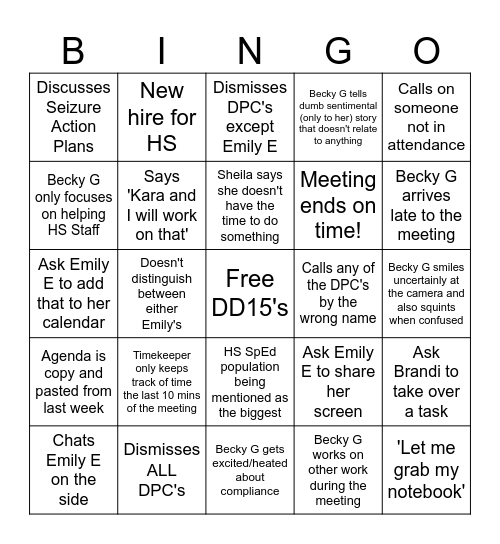 Coordinator Bingo Card