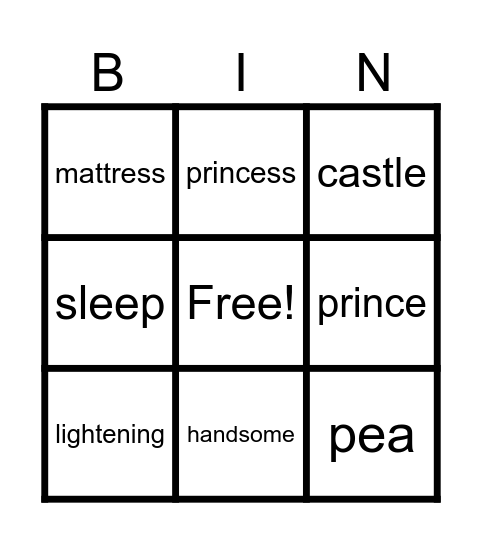 Princess and the Pea Bingo Card