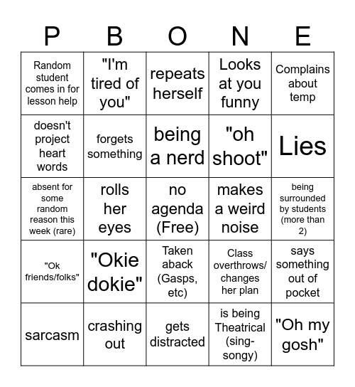 my English teacher bingo Card