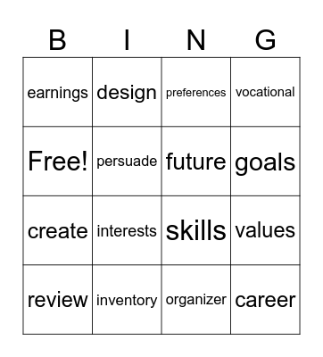 GES Interests Inventory Bingo Card