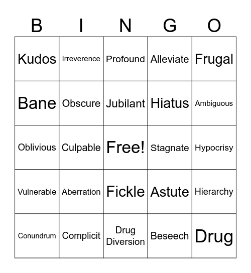 Drug Ed 3rd 9wks Exam Vocab Review Bingo Card
