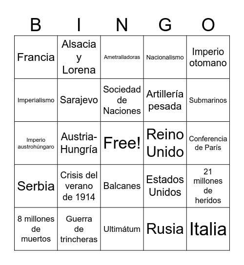 Bingo Primera Guerra Mundial Bingo Card