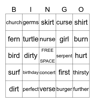 Er/ Ir/ Ur Words Bingo Card