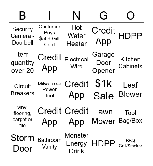 Cashier Bingo Card